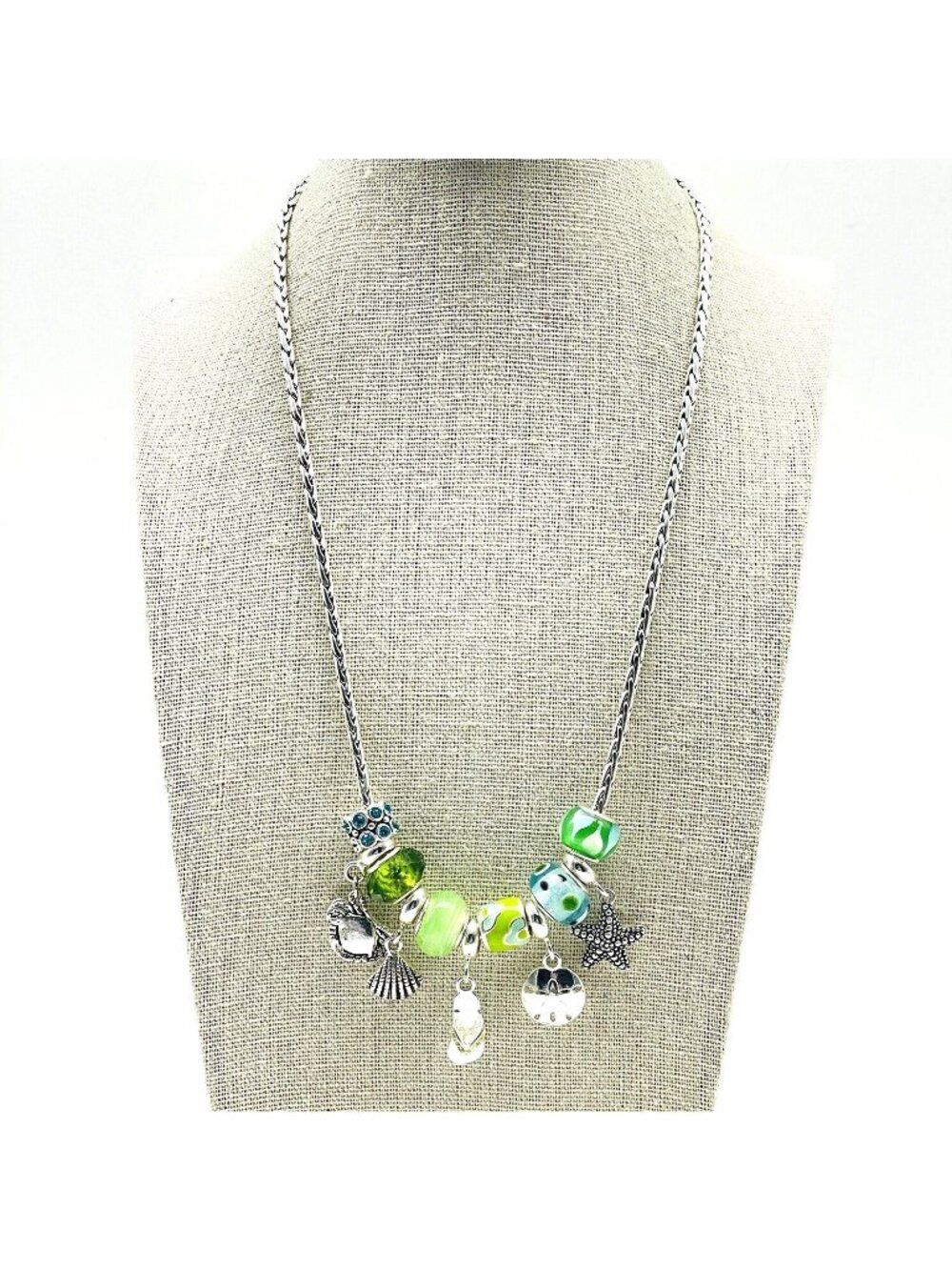 Slide Charm Necklace Shell Starfish Sand Dollar Crab Green Beads Beach Theme